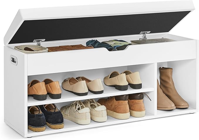 VASAGLE Shoe Bench with Cushion, Storage Bench with Padded Seat, 3 Compartments, Hidden Storage, Shelves, Living Room Lounge Hallway Bedroom, Load Capacity 150 kg, White LHS130W14