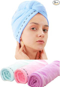 3 Pack Microfiber Hair Towel Wrap Super Absorbent Bath Loop Fasten Salon Twist Turban Dry Hair Caps/ Hat with Buttons Pink Blue Purple