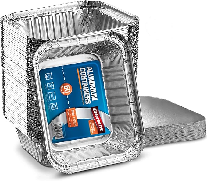 Caterserve 50 Small Aluminum Foil Trays Containers with Paper Lids 500ml | Great for Meal Prep Baking Food Storage Takeaway Tins