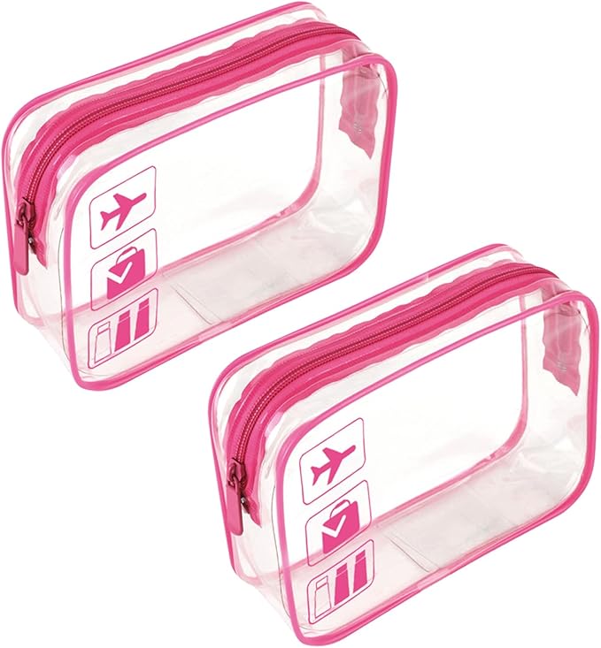 2pcs Clear Travel Toiletry Bag TSA Approved Quart Size Travel Bag Carry-on Liquid Cosmetic Pouch,Transparent Plastic Airport Security Toiletries Bags（Pink）