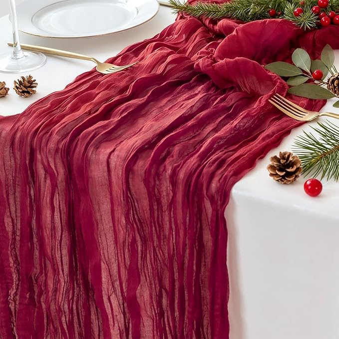 Sioloc 1 Pack Burgundy Red Cheesecloth Table Runner Summer Decor 90cmX300cm Boho Gauze Runner for Fall Autumn Halloween Decor Wedding Party Baby Bridal Shower Engagement