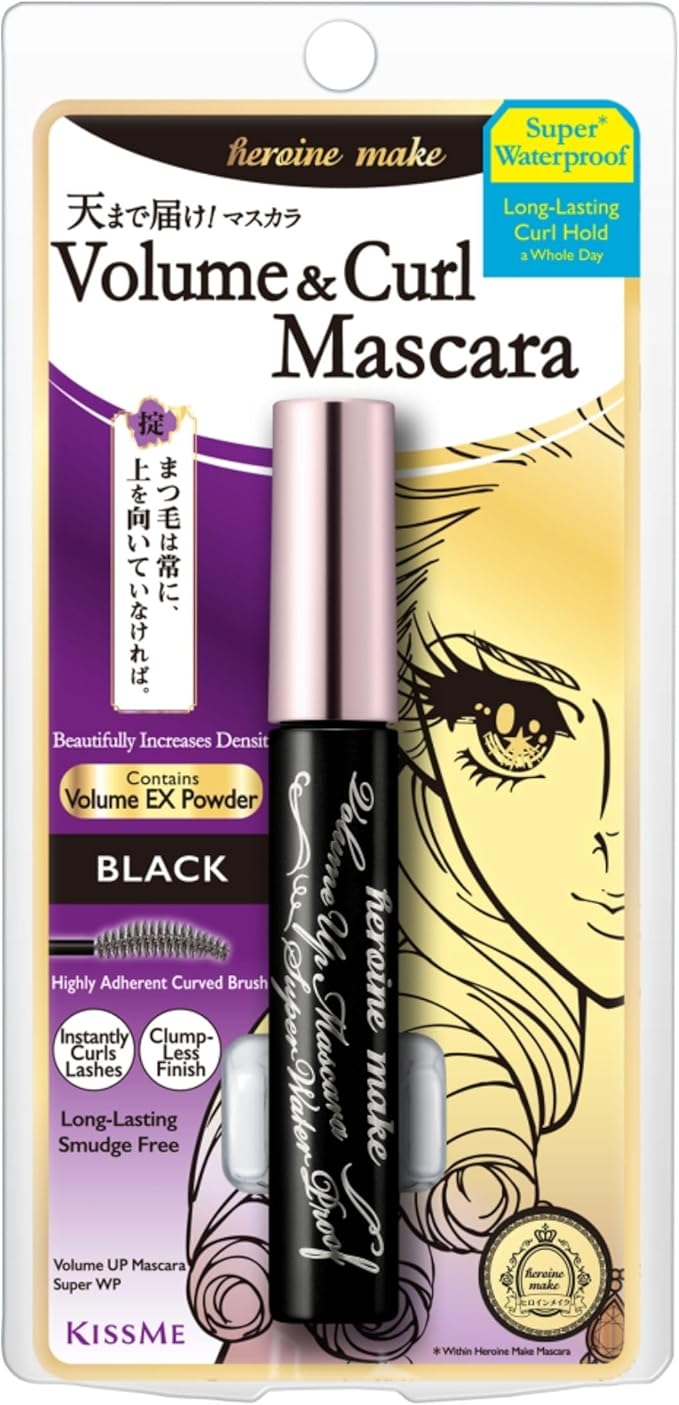 HEROINE MAKE by KISSME Volume UP Mascara Super Waterproof WP 01 Black | with Ultra Volumizing for Even Long-Lasting and Curl Eyelash for Women