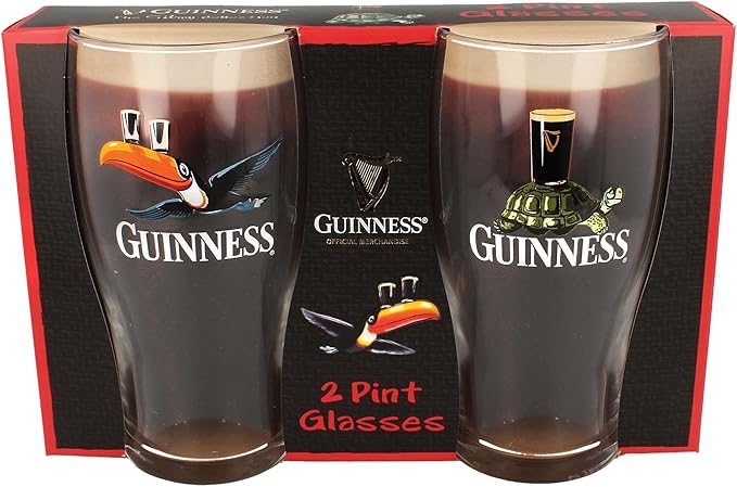 Guinness Official Merchandise Tortoise/Toucan Gilroy 2 Pint Glass Set Transparent