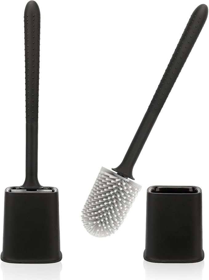 Canvint Silicone Toilet Brush Set, 2 Pack Deep Cleaning Brush with Quick Drying Holder, Flexible Long Handle (Black)