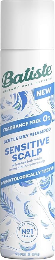 Batiste Sensitive Scalp Fragance Free Dry Shampoo, Dermatologically Tested, Kind to Scalp, No Rinse Shampoo Hair Spray, Gentle Lightweight Formula for Refreshed Hair, 200ml