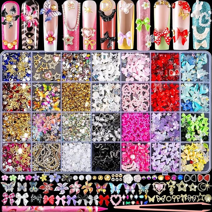 VelvetGlow 3D Nail Charms and Nail Gems, Cute Nail Rhinestones and Charms Y2K for Nails Nesign,Variety Butterfly Bow Moon Star Flower Junk Case Charms Gold Pearls Nail Jewels for Nail Art