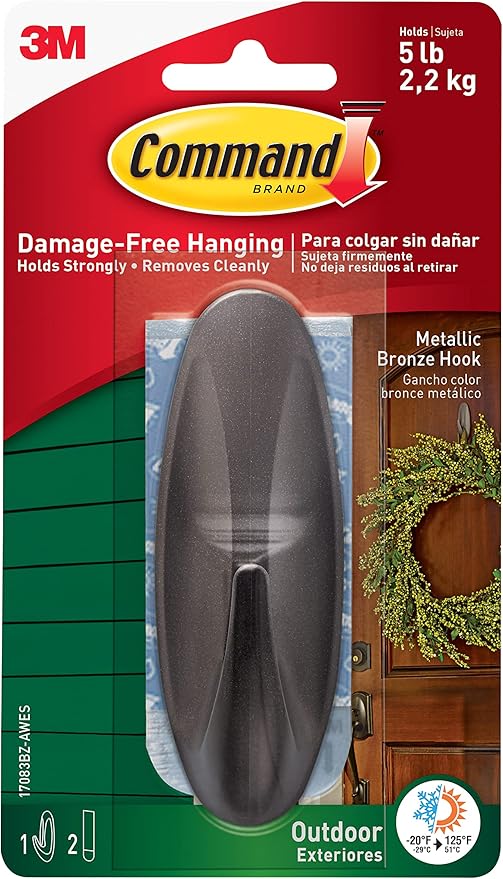 Command Large Designer Metallic Bronze Hook with Adhesive Strips - for Hanging Outdoor Wreaths, Signs and Other Heavy Items Securely and Damage Free