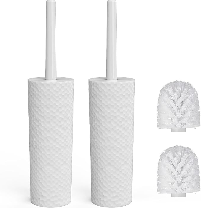 Toilet Brush, 2 Pack Toilet Brushes & Holders Sets with Plastic Handle and Soft Flexible Bristles, 4 Toilet Brush Heads for Bathroom Toilet-Ergonomic, Elegant, Durable Loo Brush (White)