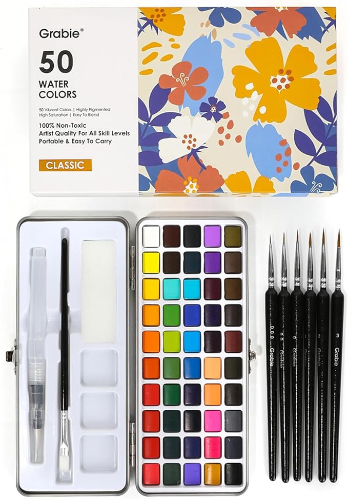 Grabie Watercolor Paint Set, Great for Painting, 50 Colors, Detail Paint Brush Included, Art Supplies, for Artists, Amateur Hobbyists and Painting Lovers