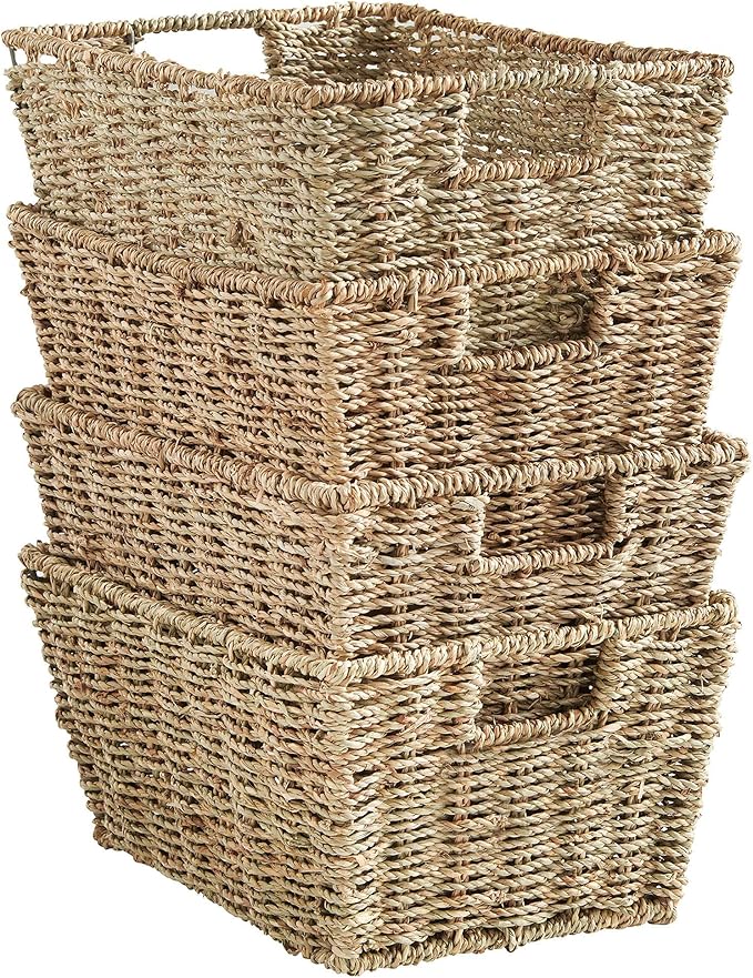 VonHaus Seagrass Storage Baskets, Set of 4 Hand-Woven Display Hampers - Bathroom Storage Baskets for Shelves - Nesting Natural Woven Seagrass Organiser w/Handles for Bedroom & Home Office