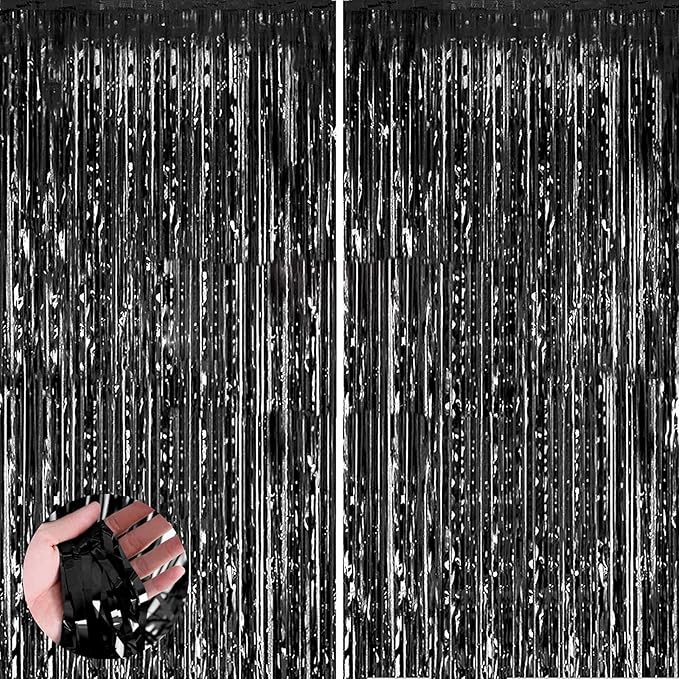 Aisszhao 2pcs 3.2ft x 6.5ft Black Foil Curtain Decoration,Black Tinsel Foil Fringe Curtains Streamer Backdrop for Birthday Graduation Wedding Engagement Bridal Shower Christmas,New Year Decoration