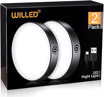WILLED Tap Light Rechargeable, 6000K Dimmable Touch Light Buit-in 1000mAh Large Battery, Stick on Closet, Portable LED Puck Night Lights for Cabinet, Wardrobe, Counter, Kitchen, Bedroom (2 Pack)[Energy Class E]