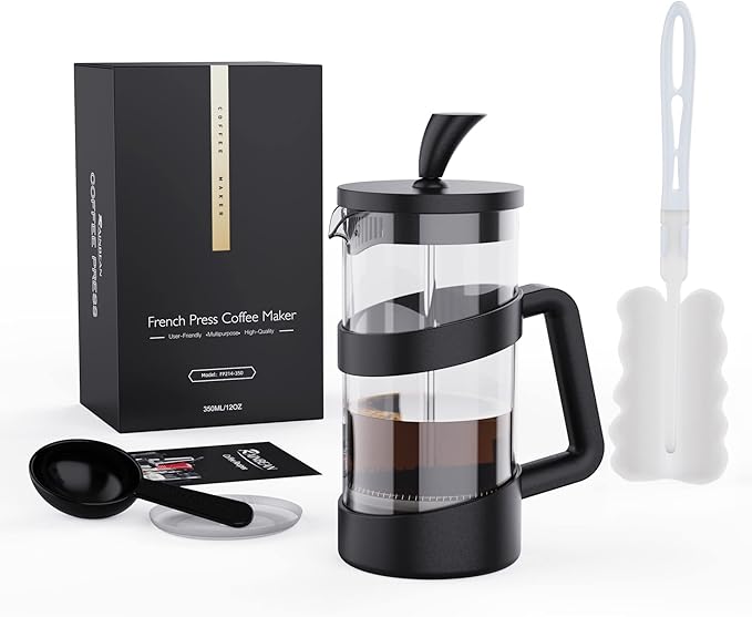 RAINBEAN 2 Cup Cafetiere Coffee Press French Press Maker for Filter Coffee Loose Tea and Milk Froth with Triple Stainless Steel Filter, Heat Resistant Borosilicate Glass 0.35 L / 12 oz