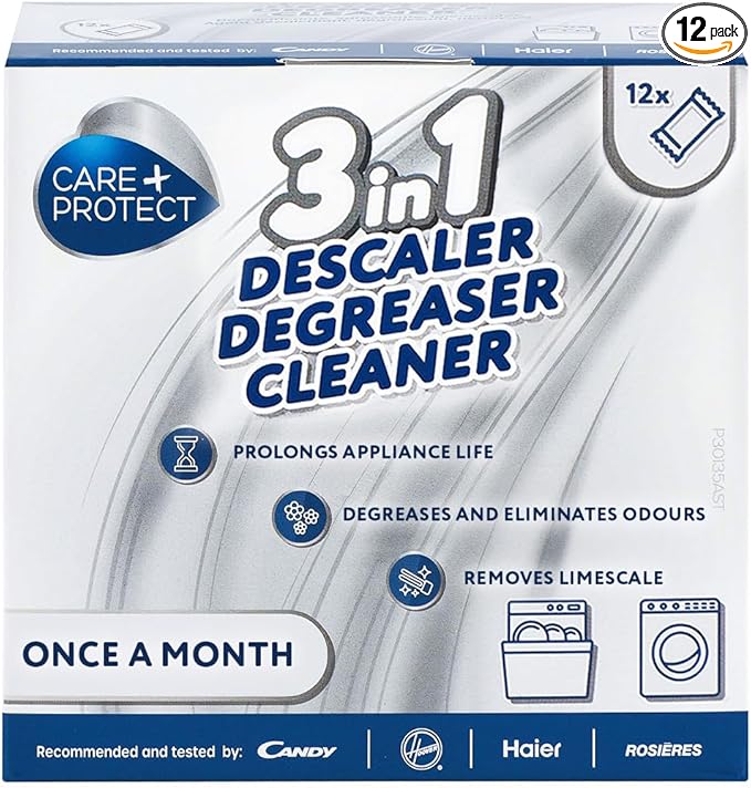Care+Protect 3 in 1 Washing Machine - Dishwasher Cleaner - Limescale Remover - Degreaser - Hygienic Cleaner - Universal - 12 Sachets for 12 Months Supply