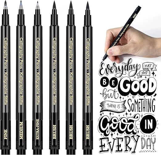 Calligraphy Pens Calligraphy set for Beginners Brush Pens - APOGO 6 Pack Caligraphy Beginners set Caligraphy Pens for Writing, Calligraphy Book, Bullet Journal Accessories, Black Pen Art Writing pens