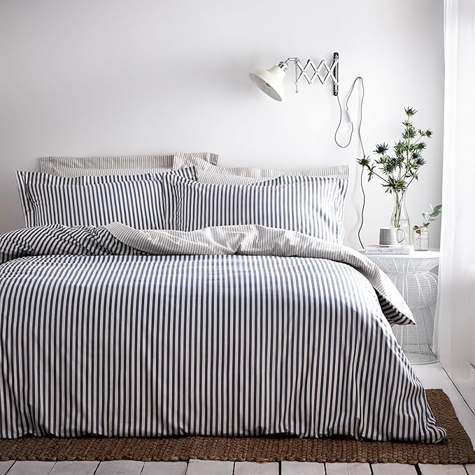furn. Yard Hebden Mélange Stripe Cotton Duvet Set – Ultra Soft Reversible Striped Bedding (Navy – Super King)