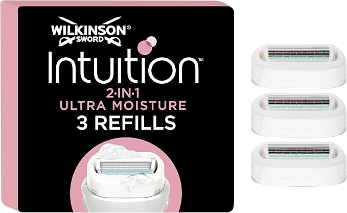 Wilkinson Sword Intuition 2-in-1 Ultra Moisture Women’s Razor Blades, Hair Removal, Touch of Shea Butter, Shavers for Routine Grooming, 3 Refill Pack