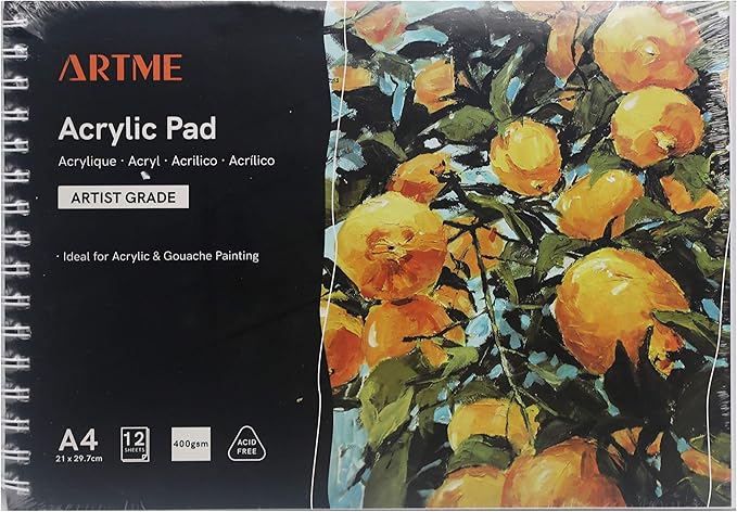 ARTME A4 Acrylic Pad Landscape x 12 Sheets/ 400gsm Extra Heavyweight/Cold Pressed/Acid Free, Premium Quality Drawing Paper for Acrylic and Gouache