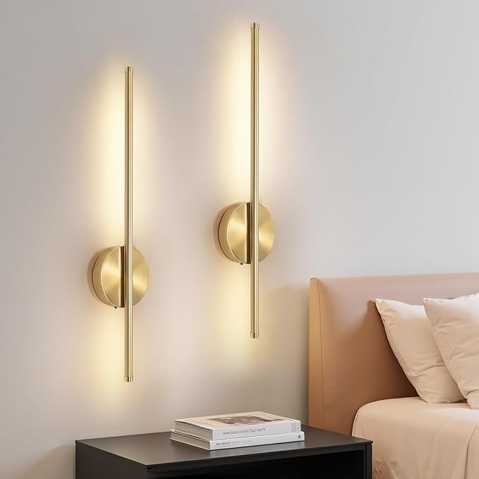 Rechargeable Wall Sconce Lights, Battery Operated Wall Lights 3 Color Temperature, Gold Wall Lights Dimmable Wireless with Remote Control Golden 60CM for Living Room Bedroom Hallway, 2 Pack[Energy Class E]