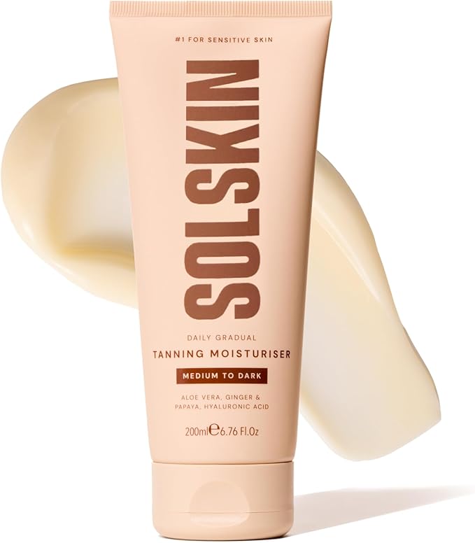 SOLSKIN Gradual Medium-Dark Tanning Moisturiser with Aloe, Hyaluronic Acid & Vitamin E, Hydrating Daily Body Lotion for Sensitive Skin, Buildable, Gradual Tan, Streak-Free, Vegan & Non-Greasy, 200 ml
