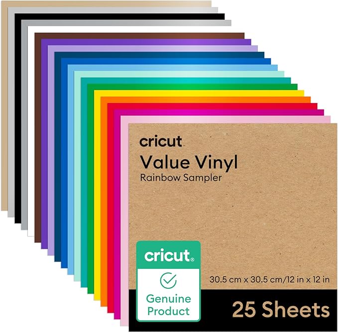 Cricut Value Vinyl | 25 Sheets | 30.5 cm x 30.5 cm (12" x 12") | Self Adhesive Permanent Vinyl for All Cricut Cutting Machines | Variety Pack