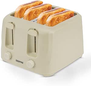GEEPAS 4 Slice Toaster | 6 Browning Levels with Cancel Function | For Thin Small Bread Slice | 2 Independent Controls 2 Removable Crumb Trays Cool Touch High Lift | 1 Yr Warranty 1400W Beige