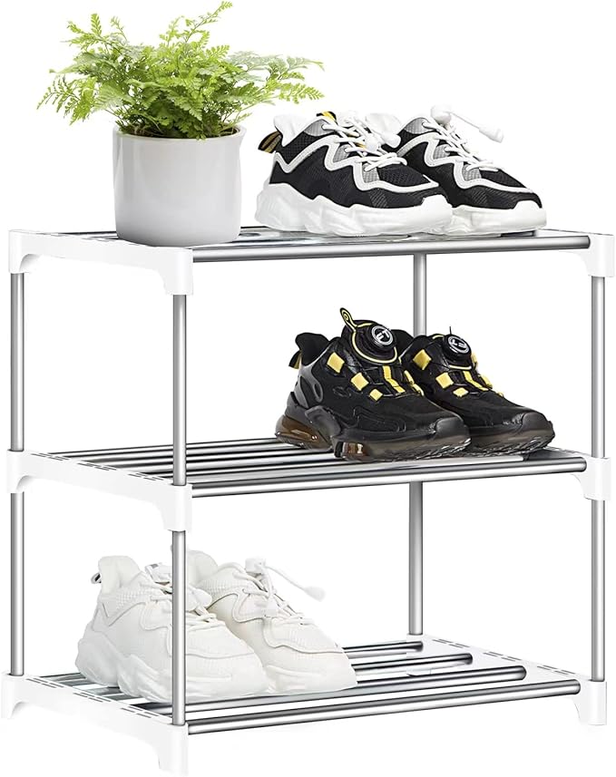3 Tier White Shoe Rack - Slim Stackable Small Shelf Shoe Storage Organizer for Hallway, Bedroom and Entryway Space Saving