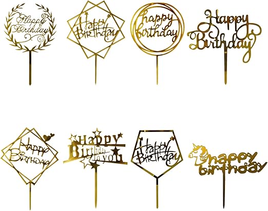 OWill 8 Pcs Happy Birthday Cake Toppers Acrylic Cake Toppers Cake Decoration Party Supplies for Children or Adults Various Cupcake Topper (Gold)