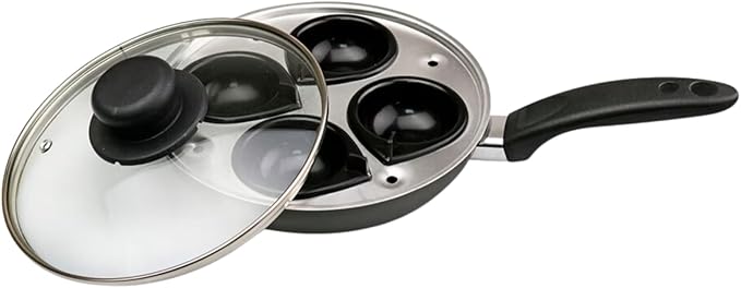Easy Shopping® 4 Cup Egg Poacher Pan Non Stick Egg Poaching Pan Aluminium Poached Egg Maker, 20cm with Glass Lid and Grip Black Handle