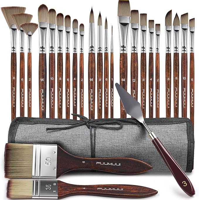 Professional Synthetic Acrylic Paint Brushes-25PCS Multi-Shaped for Artists-Flat, Filbert, Fan, Cat Tongue, Round, Angle, Rigger