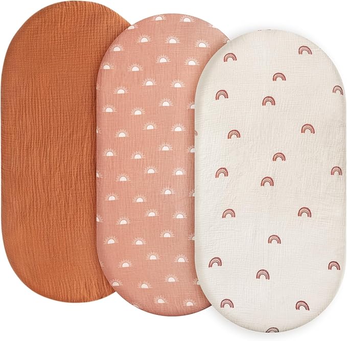 Baby Mattress Cover, Fitted Sheet, Pack of 3, 100% Muslin Cotton,Oeko-Tex 100,Muslin Bassinet Sheets,Bassinet Cover,Pram Mattress Cover,83 x 43 x 10 cm,Fitted Sheet for Prams, Bassinets(Rainbow)