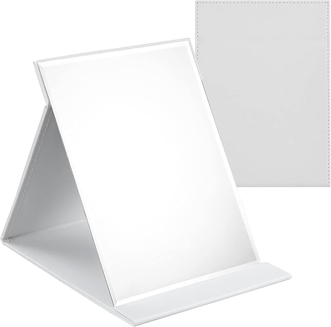OWLKELA 16x12cm Portable Folding Mirror, Super HD Compact Makeup, White PU Leather Travel, Free Standing Vanity, Tabletop Foldable