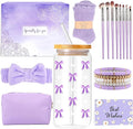 Gifts for Girls Teenage 9 10 11 12 13 14 Year Old, Valentine's Day Birthday Gifts for Girls Age 8-15, Glass Cup with Lid and Straw, Makeup Brushes Cosmetic Bag Bracelets Socks Headband, Bow Coffee Cup