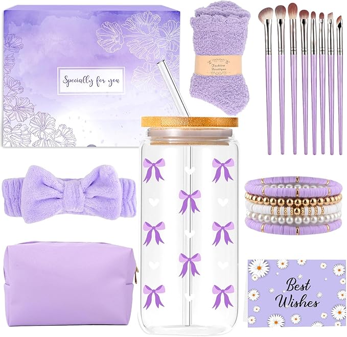 Gifts for Girls Teenage 9 10 11 12 13 14 Year Old, Valentine's Day Birthday Gifts for Girls Age 8-15, Glass Cup with Lid and Straw, Makeup Brushes Cosmetic Bag Bracelets Socks Headband, Bow Coffee Cup