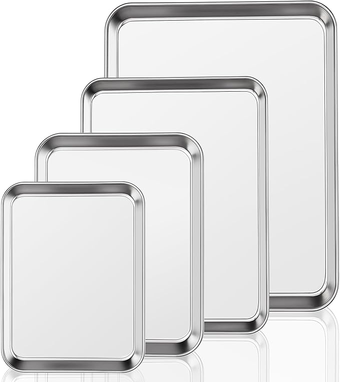 Baking Tray Set of 4, Essentials Stainless Steel Oven Sheet Sets, Rimmed Pan Baking Sets -Healthy & Non Toxic, Easy Clean & Dishwasher Safe (Large Size)