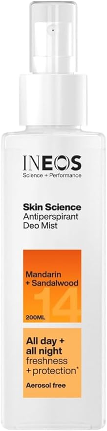 INEOS Skin Science, All Day + Night 24H Freshness + Protection Antipersprirant Deodorant Mist Spray Mandarin + Sandalwood, Aerosol Free + Lasts 10X Longer Than Ordinary Antiperspirant, Plant Powered
