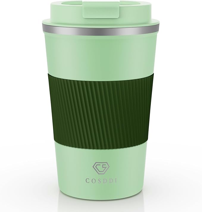 CS COSDDI Travel Mugs, Insulated Coffee Cup with Leakproof Lid - Reusable Coffee Cups Travel - Car Coffee Cup - Stainless Steel Coffee Mug for Hot and Cold Water and Tea (Olive Green, 380 ml)