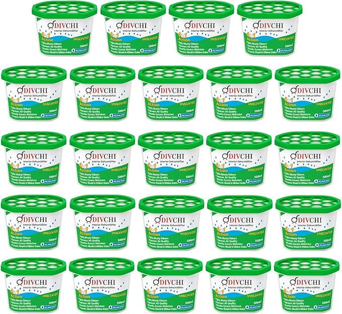 DIVCHI Dehumidifier Disposable 500ml Pack of 24 Condensation Remover Moisture Absorber Dehumidifiers for Damp, Mould, Moisture in Home, Kitchen, Bedroom, Caravan, Office, Garage, Bathroom, Basement