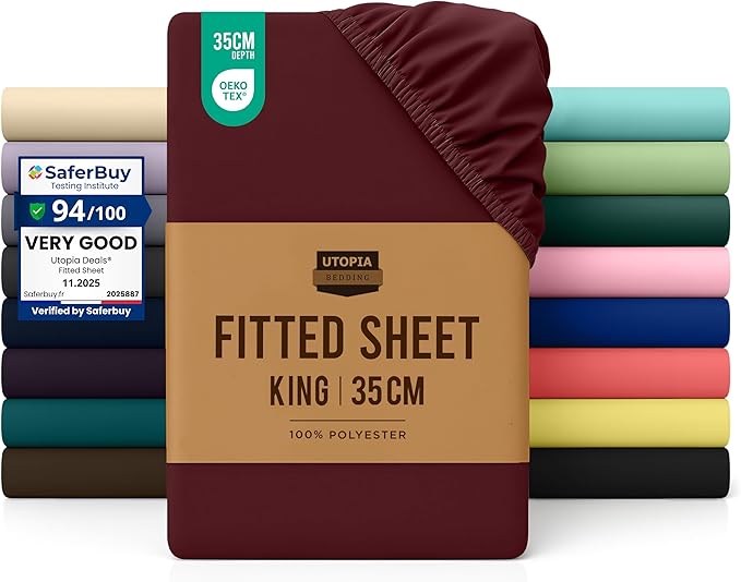 Utopia Bedding Fitted Sheet King, Burgundy - Deep Pocket 14 inch (35 cm) - Easy Care - OEKO-TEX Certified - Soft Brushed Microfibre Fabric - Shrinkage and Fade Resistant - Bottom Sheet