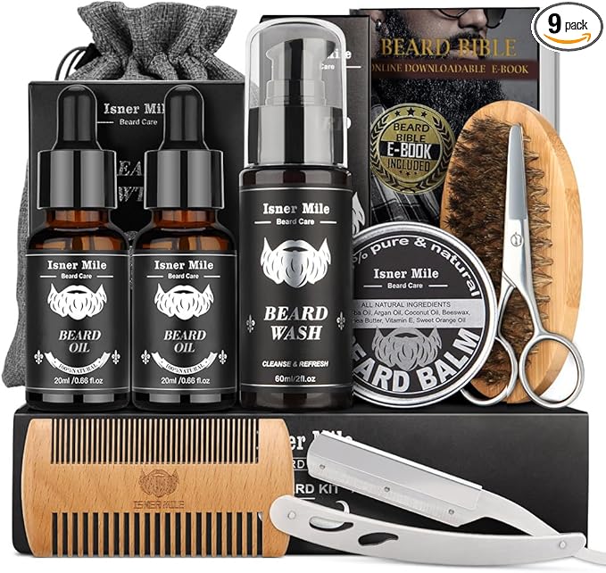 Beard Grooming Kit for Men Care: 9 in 1 Christmas Stocking Fillers for Men Him Dad Husband Boyfriend Birthday Fathers Valentines Day Gifts Set with Beard Oil Brush Balm Shampoo Comb Straight Razor
