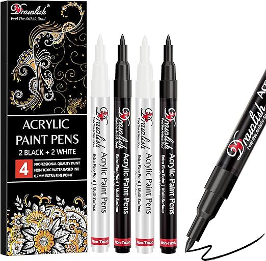 Drawlish Acrylic Paint Pens, Black & White Pen Set of 4 Glass Paint Markers 0.7mm Extra Fine Tip | Ideal for Wood, Fabric, Porcelain, Ceramic, Stone, Rock Painting and more