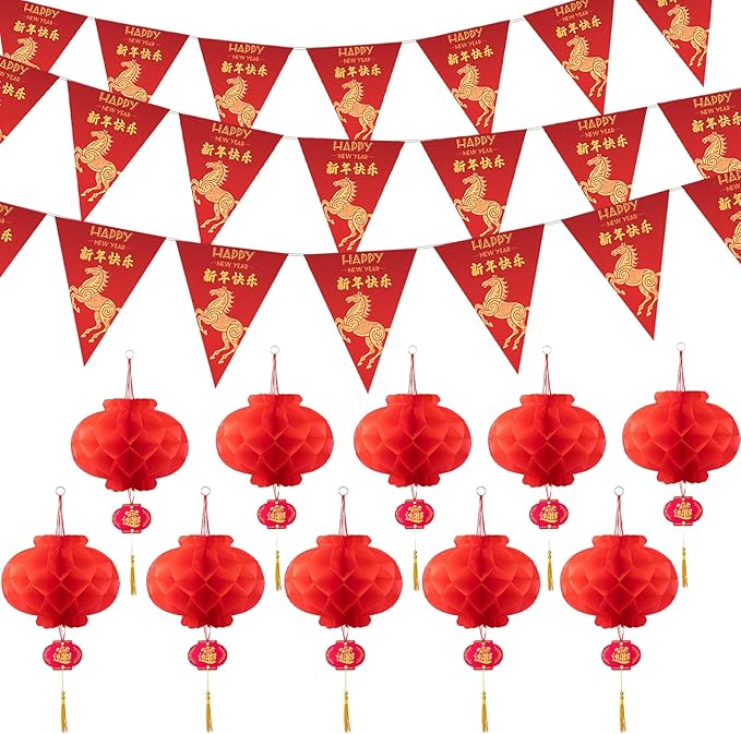 30Pcs Chinese New Year Decorations 2026,10Pcs Red Chinese Lanterns and 20Pcs New Year Bunting Banner Traditional Hanging Decorations for Horse Year Spring Festival Party Supplies