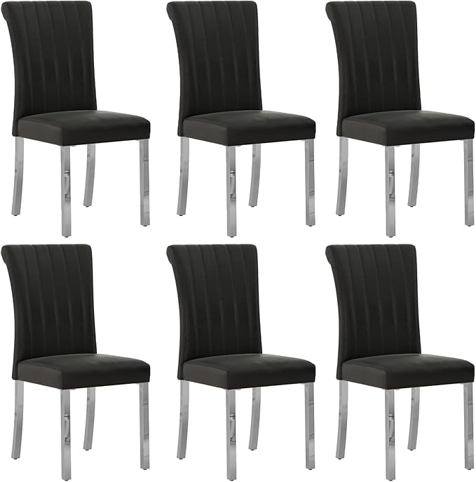 Upholstered Dining Chairs Set of 6, Modern Velvet Kitchen Chairs with Rolled Back Design and Metal Legs, High Back Dining Chairs for Dining Room, Living Room, Home, Office (Black)