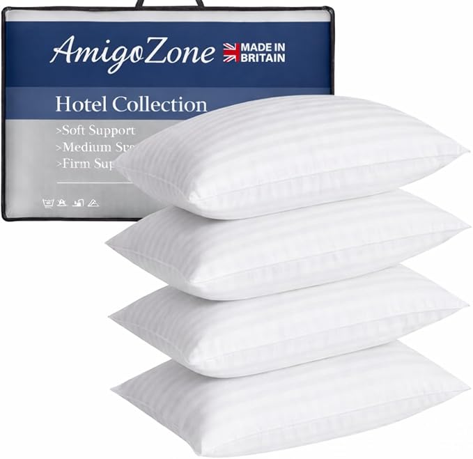 AmigoZone 4 Pack Hotel Quality Stripe Pillow - Bounce Back Pillow Cotton Blend With Virgin HollowFibre - Firm Support Anti Allergy Machine Washable - 48x74cm White Stripe - Pack of 4