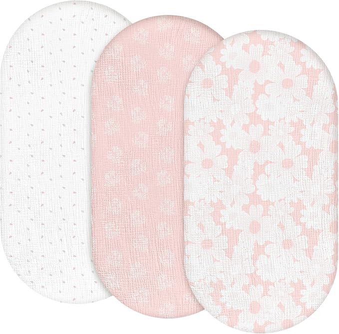GLLQUEN BABY Pink 100% Muslin Cotton Baby Fitted Sheet, Pack of 3, 83 x 43 cm, European Cot Size, Oeko-Tex 100, Bassinet Sheets, Pram Mattress Cover