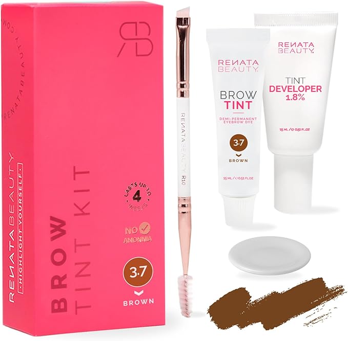 RB RENATA BEAUTY Brow Tint Kit – Eyebrow Tint Set – Dye Kit with Color Tint, Cream Developer and Styling Brush – Long-Lasting Effect Up to 4 Weeks – 30 Applications [Brown]