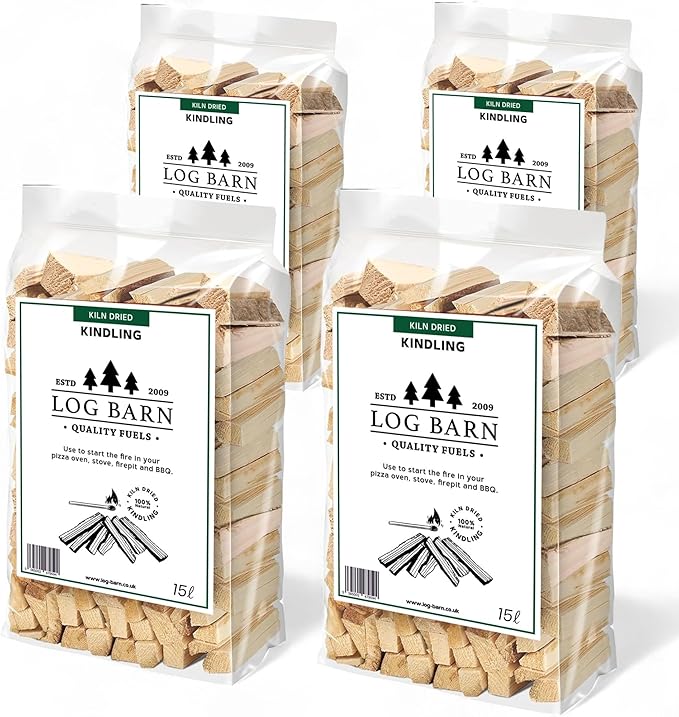 Log Barn Kiln-Dried Kindling Wood for Wood Burner – approx. 10kg (4 x 15l Bags) | Bumper Pack Kindling Sticks for Log Burners, Fire Pits, Pizza Ovens & Open Fires - Ideal for Home & Commercial Use