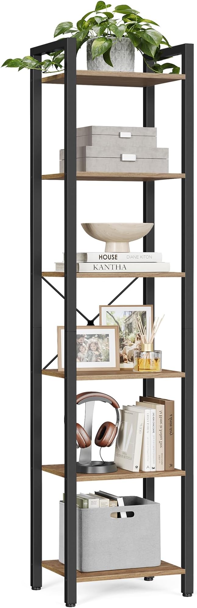 VASAGLE 6-Tier Bookshelf, Bookcase, Shelving Unit, for Office, Study, Living Room, Bedroom, 30 x 40 x 187.5 cm, Industrial, Wheat Brown and Ink Black LLS101B48