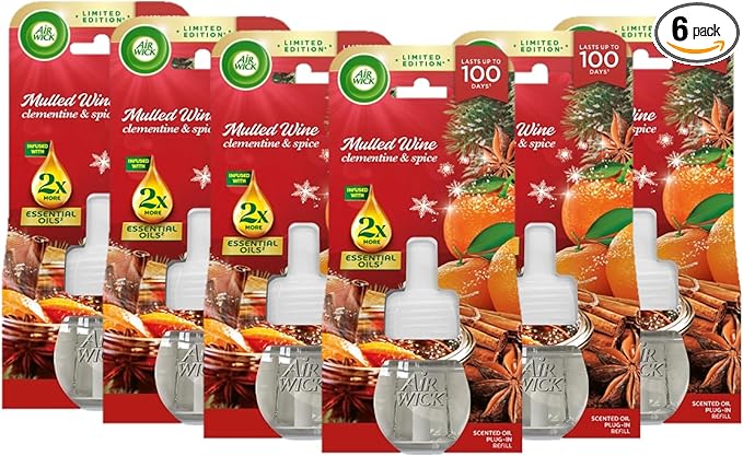 Air Wick Plug in Diffuser Refill, Mulled Wine, Pack 6 x 19ml, Long Lasting Fragrance, Lasts up to 600 Days, Plug in Air freshener