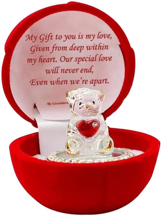 Love Heart Teddy Bear Ornament Red Celebration Rose Gift Boxed Glass Present Girlfriend Boyfriend BF GF Wife Christmas Valentines Day Gift